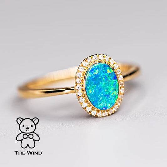 Oval Shaped Australian Doublet Opal Halo Diamond Ring 14k Yellow Gold