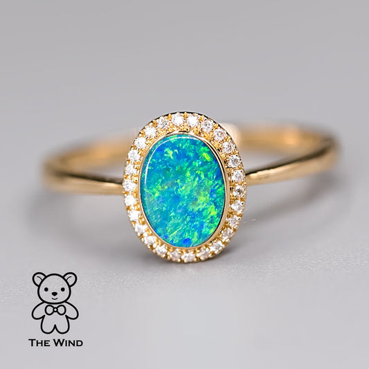 Oval Shaped Australian Doublet Opal Halo Diamond Ring 14k Yellow Gold