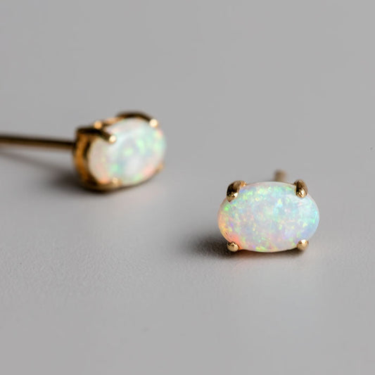 Oval Shaped Australian Solid Opal Stud Earrings 14K Yellow Gold