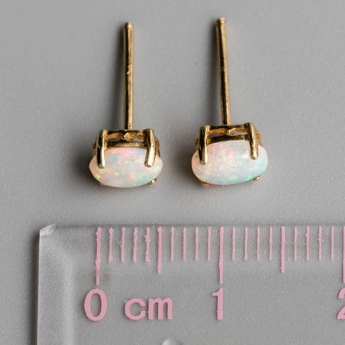 Oval Shaped Australian Solid Opal Stud Earrings 14K Yellow Gold