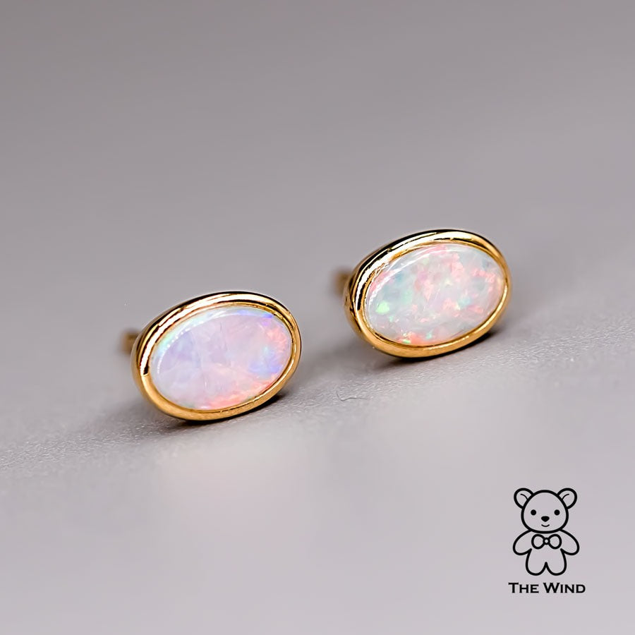 Minimalist Oval Shaped Solid Opal Stud Earrings 14K Yellow Gold