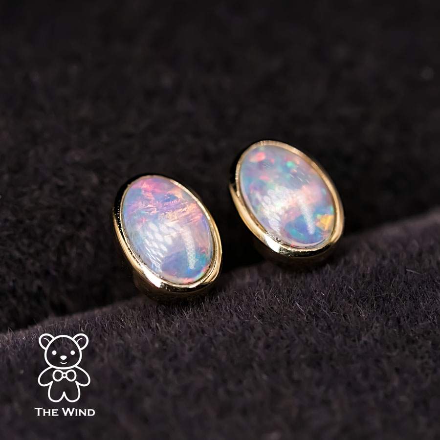 Minimalist Oval Shaped Solid Opal Stud Earrings 14K Yellow Gold