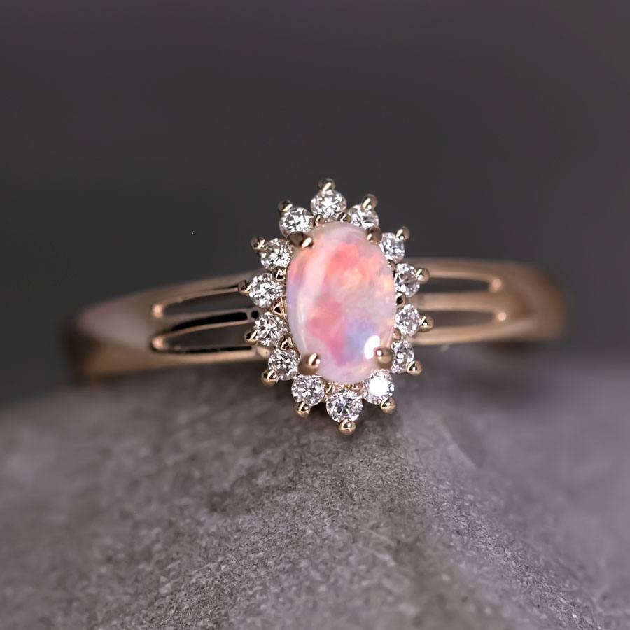 Oval Shaped Australian Solid Opal Diamond Engagement Ring 14K Yellow Gold
