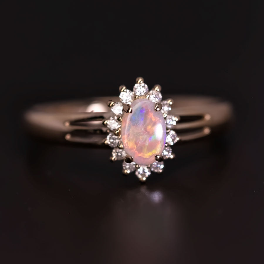 Oval Shaped Australian Solid Opal Diamond Engagement Ring 14K Yellow Gold