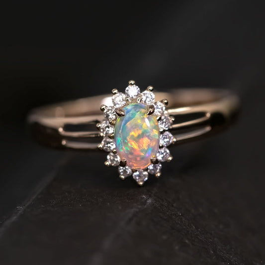 Oval Shaped Australian Solid Opal Diamond Engagement Ring 14K Yellow Gold