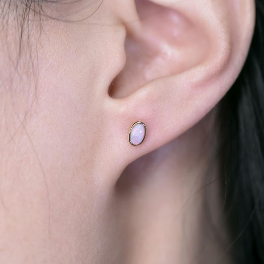 Minimalist Oval Shaped Solid Opal Stud Earrings 14K Yellow Gold