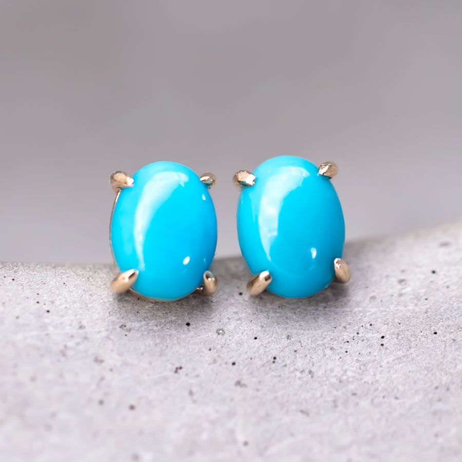 Oval Shaped Turquoise Stud Earrings 14k Yellow Gold