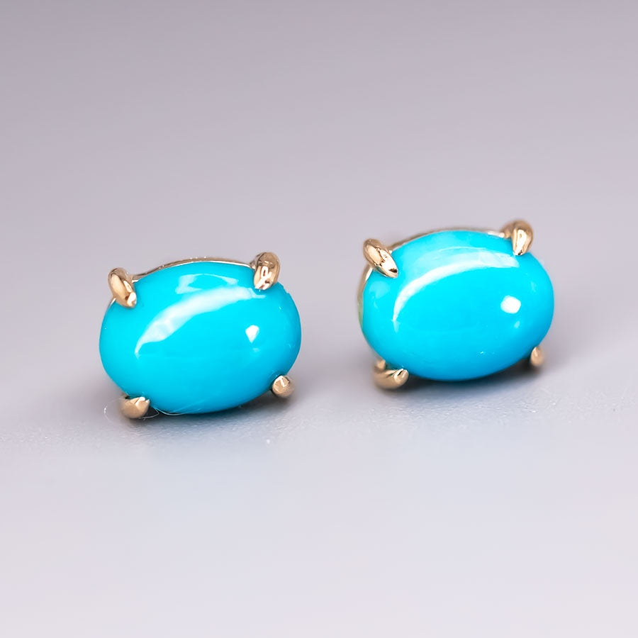 Oval Shaped Turquoise Stud Earrings 14k Yellow Gold