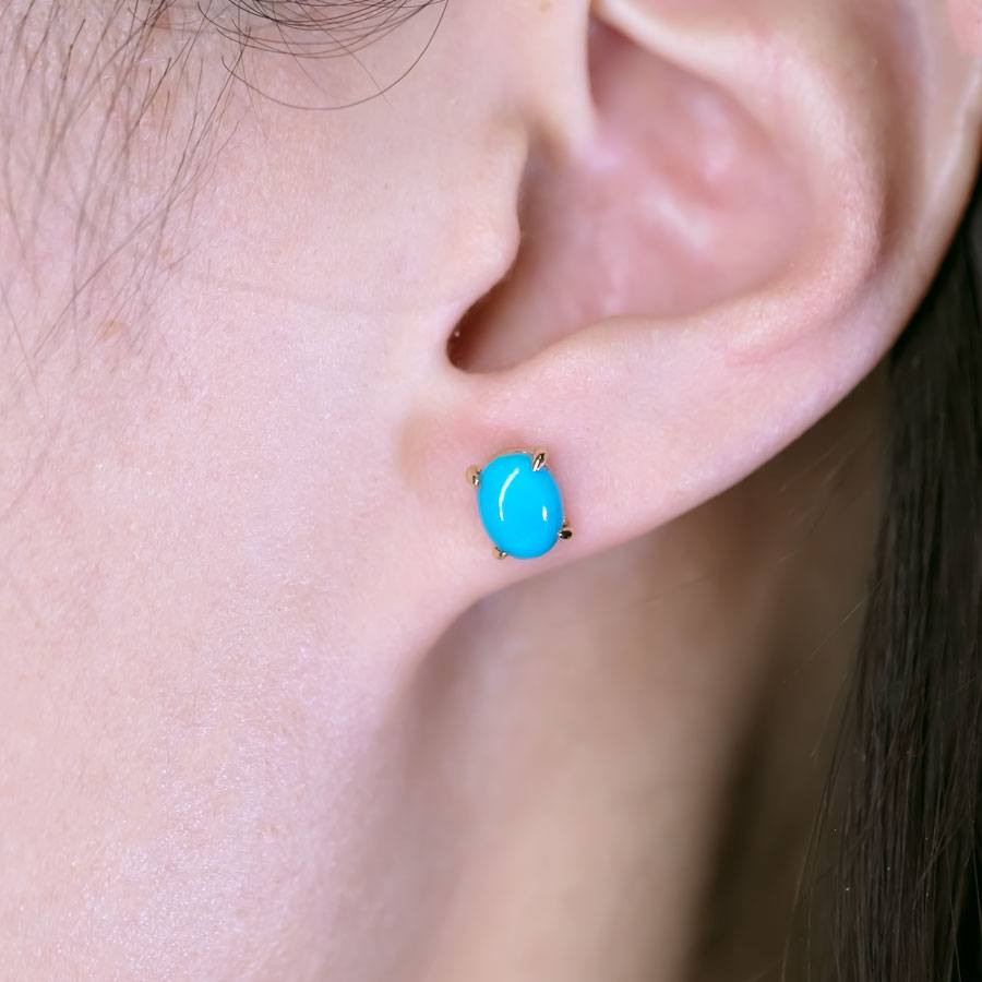 Oval Shaped Turquoise Stud Earrings 14k Yellow Gold