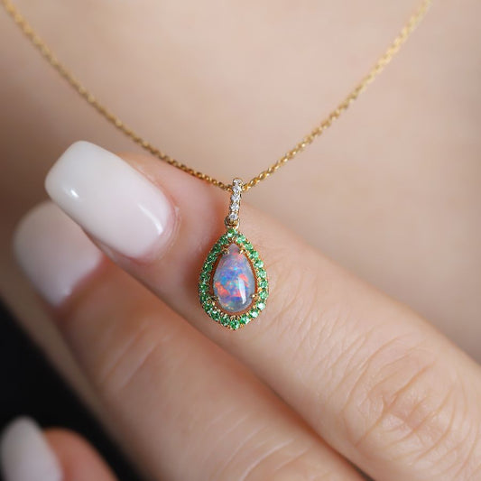 Peacock Design Boulder Opal Diamond Tsavorite Necklace 18K Yellow Gold