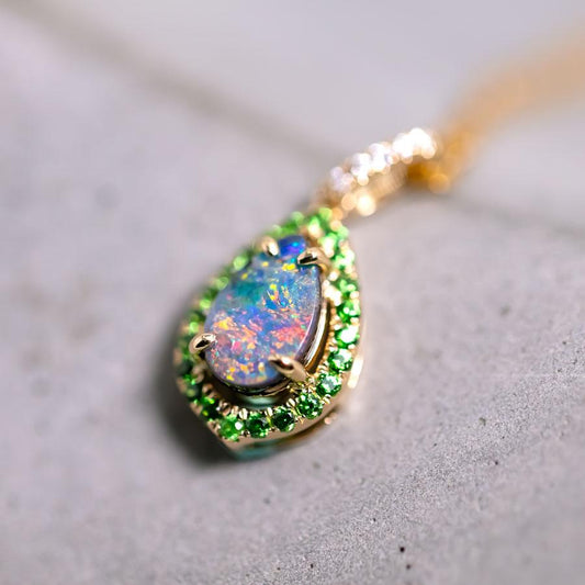 Peacock Design Boulder Opal Diamond Tsavorite Necklace 18K Yellow Gold