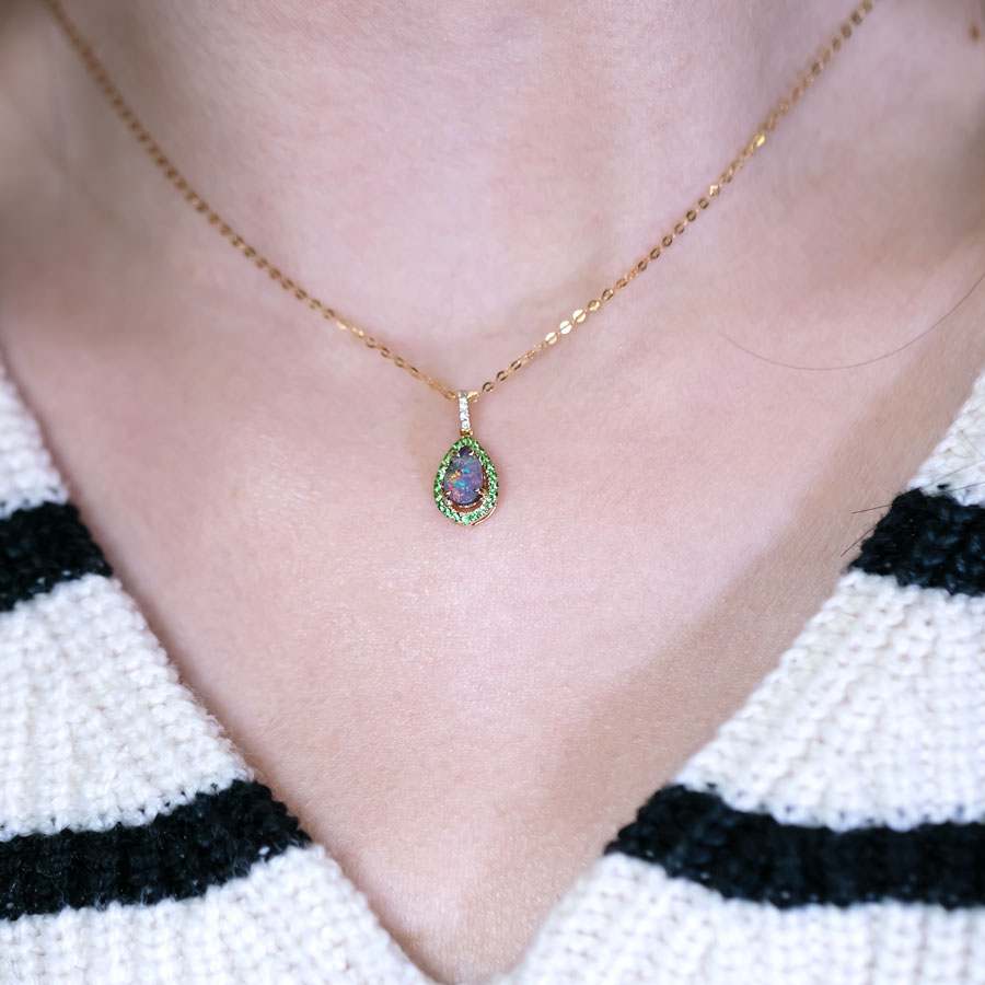 Peacock Design Boulder Opal Diamond Tsavorite Necklace 18K Yellow Gold
