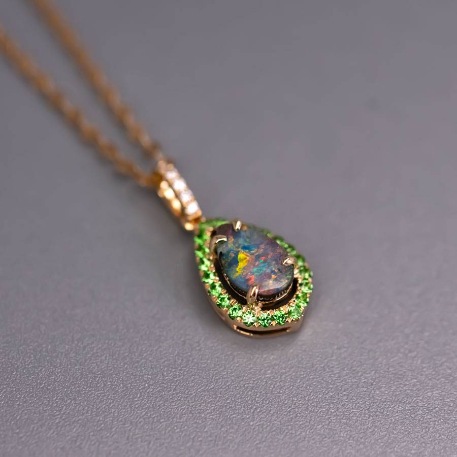 Peacock Design Boulder Opal Diamond Tsavorite Necklace 18K Yellow Gold