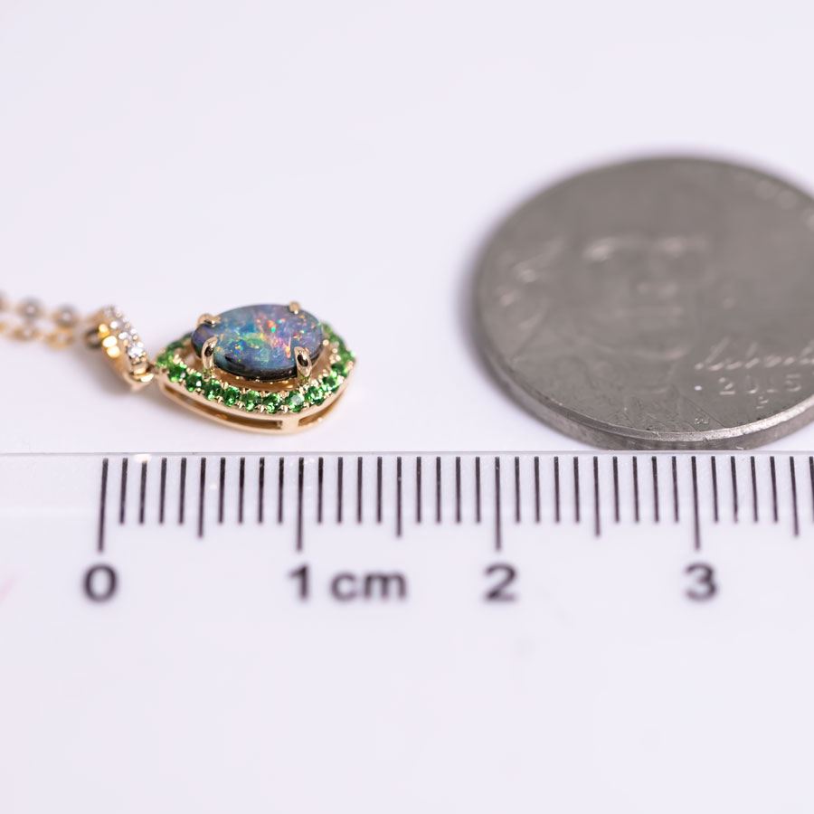 Peacock Design Boulder Opal Diamond Tsavorite Necklace 18K Yellow Gold