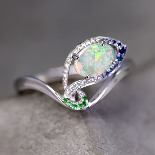 Peacock Dream - Australian Opal Diamond Engagement Ring in 18K White Gold