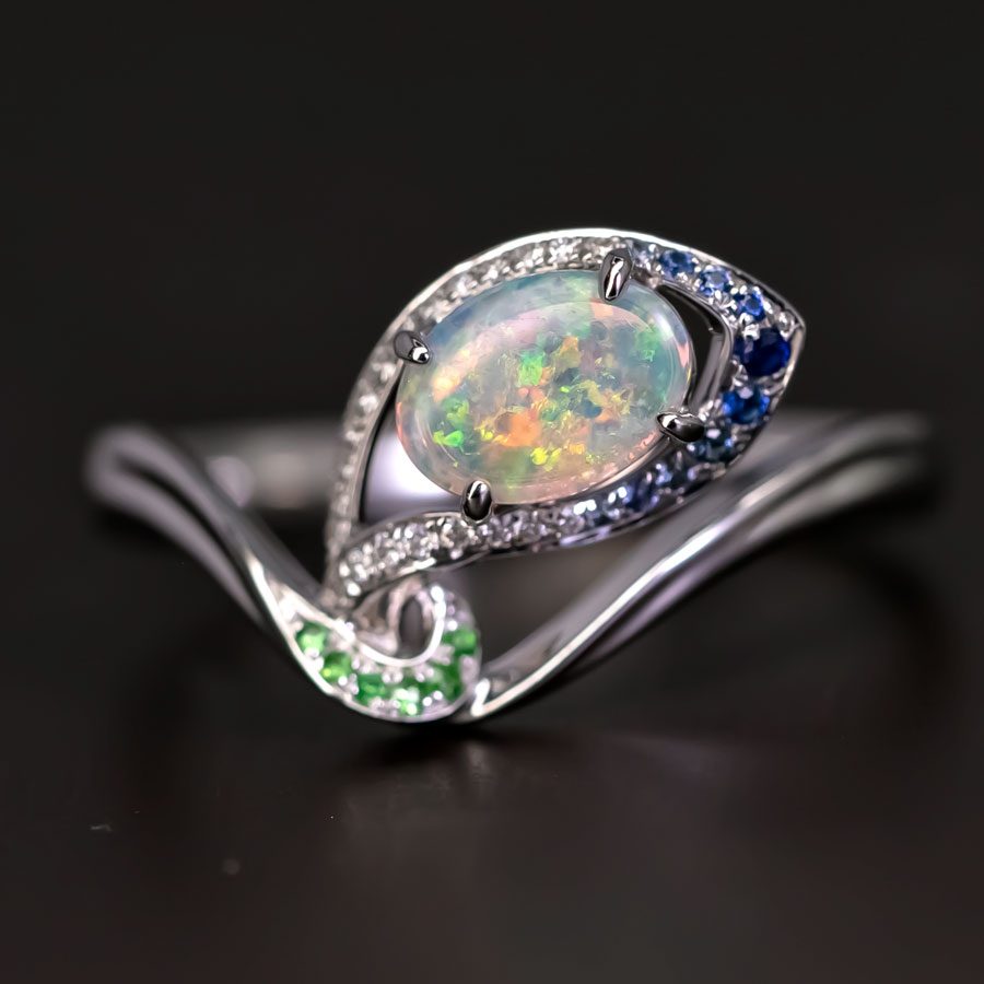 Peacock Dream - Australian Opal Diamond Engagement Ring in 18K White Gold