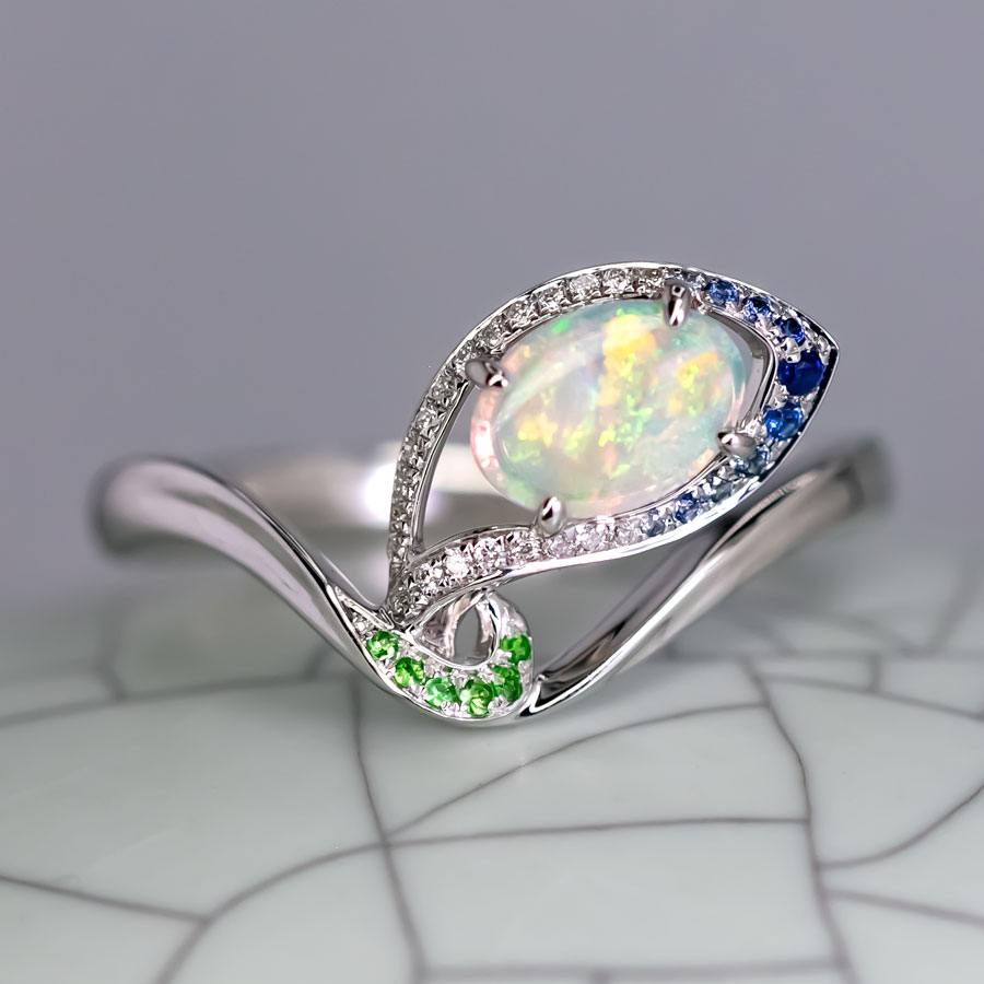 Peacock Dream - Australian Opal Diamond Engagement Ring in 18K White Gold