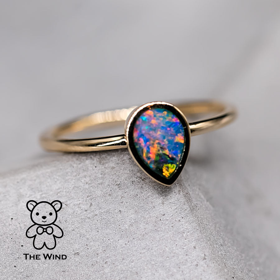 Geometric Pear Shaped Australian Doublet Opal Engagement Ring 14K Yellow Gold