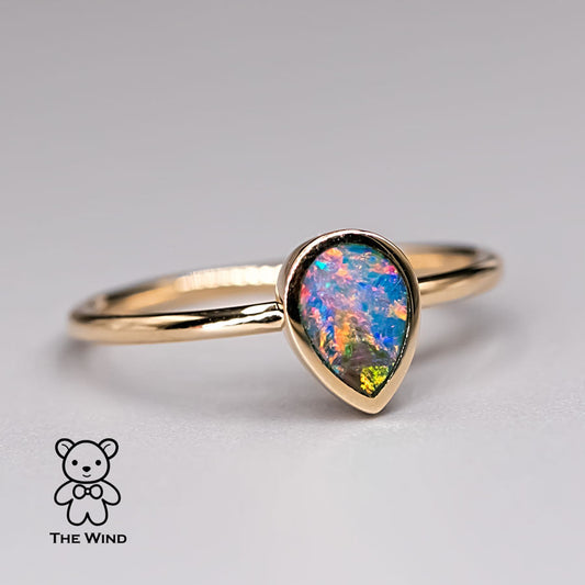 Geometric Pear Shaped Australian Doublet Opal Engagement Ring 14K Yellow Gold