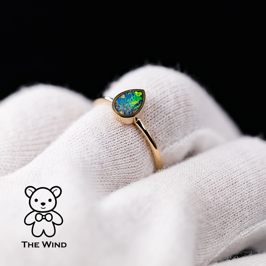 Geometric Pear Shaped Australian Doublet Opal Engagement Ring 14K Yellow Gold