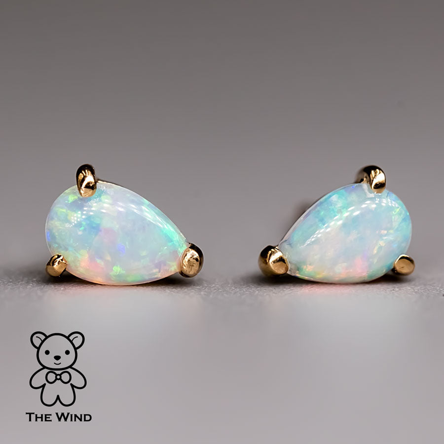 Pear Shaped Australian Solid Opal Stud Earrings 14K Yellow Gold