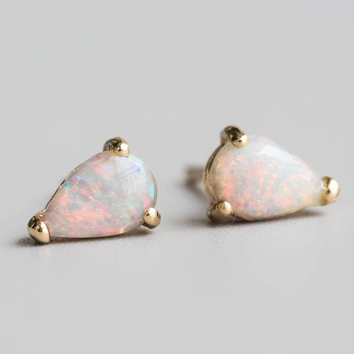 Pear Shaped Australian Solid Opal Stud Earrings 14K Yellow Gold