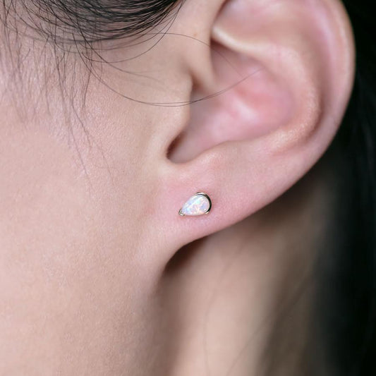 Minimalist Pear Shaped Australian Solid Opal Stud Earrings 14K Yellow Gold