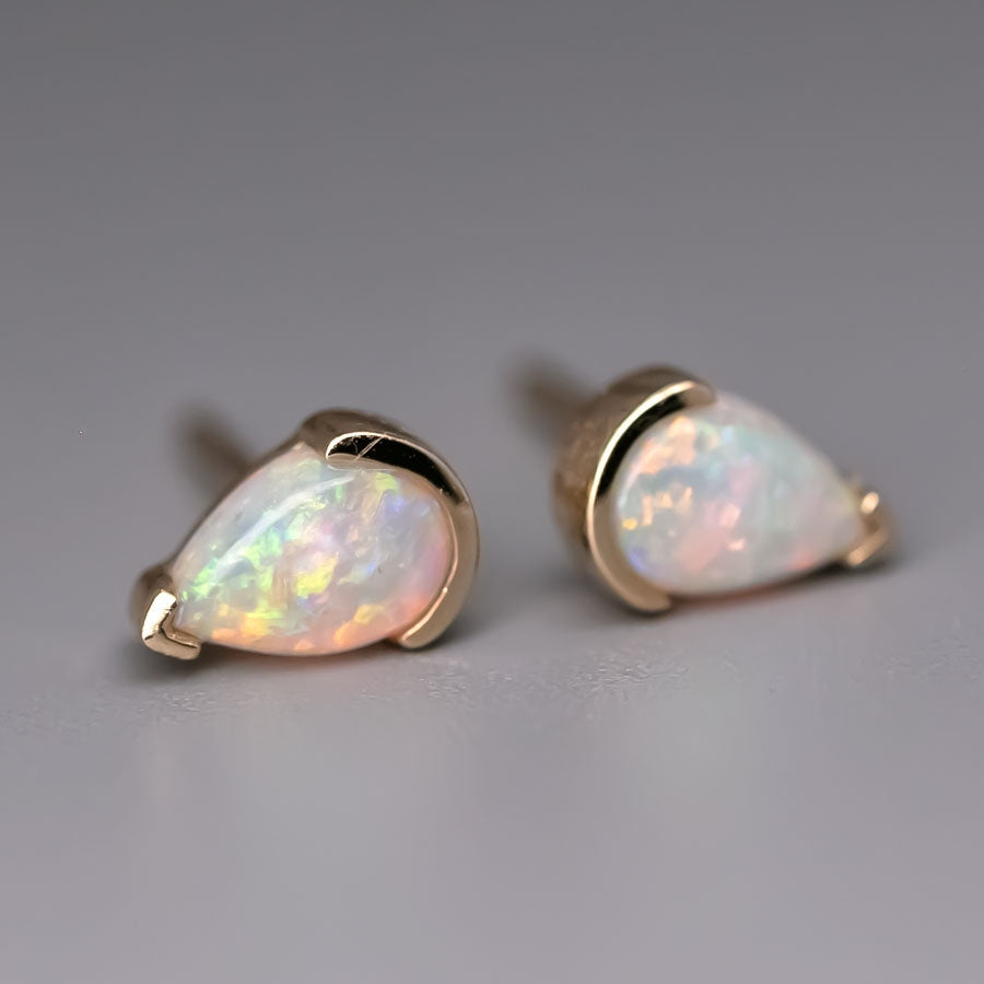 Minimalist Pear Shaped Australian Solid Opal Stud Earrings 14K Yellow Gold