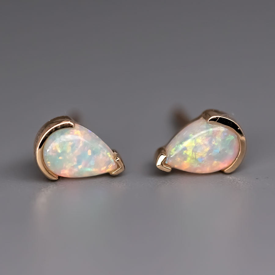 Minimalist Pear Shaped Australian Solid Opal Stud Earrings 14K Yellow Gold