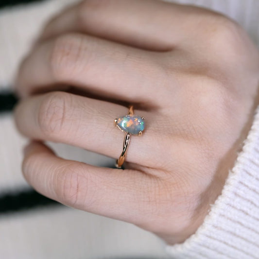 Pear Shaped Black Opal Twist Band Engagement Ring 18K Yellow Gold