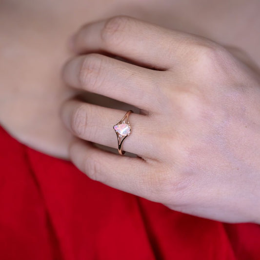 Pear Shaped Solid Opal & Diamond Ring 14K Yellow Gold