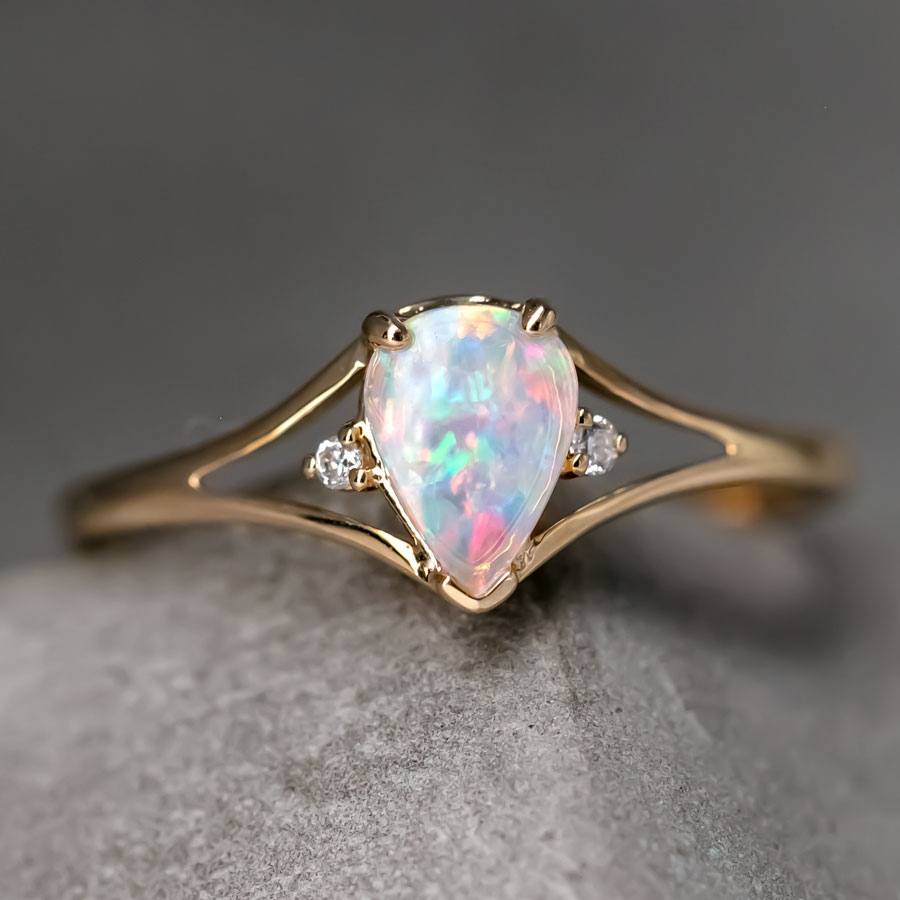 Pear Shaped Solid Opal & Diamond Ring 14K Yellow Gold