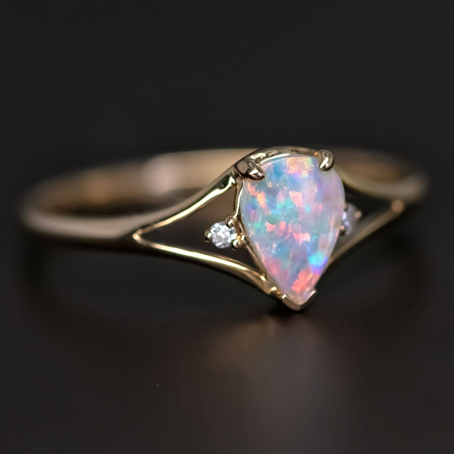 Pear Shaped Solid Opal & Diamond Ring 14K Yellow Gold