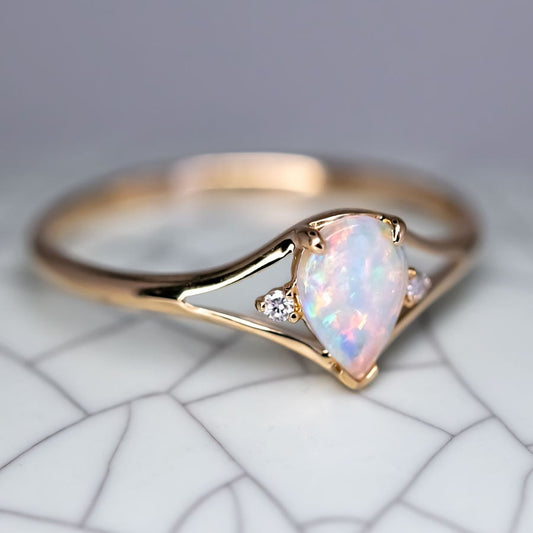 Pear Shaped Solid Opal & Diamond Ring 14K Yellow Gold