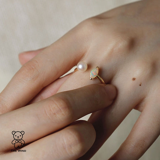 Australian Solid Opal with Akoya Pearl Open Adjustable Ring 18K Yellow Gold