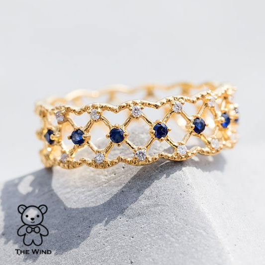 Geometric Art Design Sapphire & Diamond 18K Yellow Gold Ring