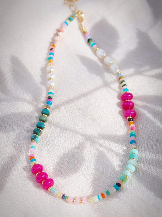 Mixed Rainbow Gemstone and Pearl Necklace - Kainui