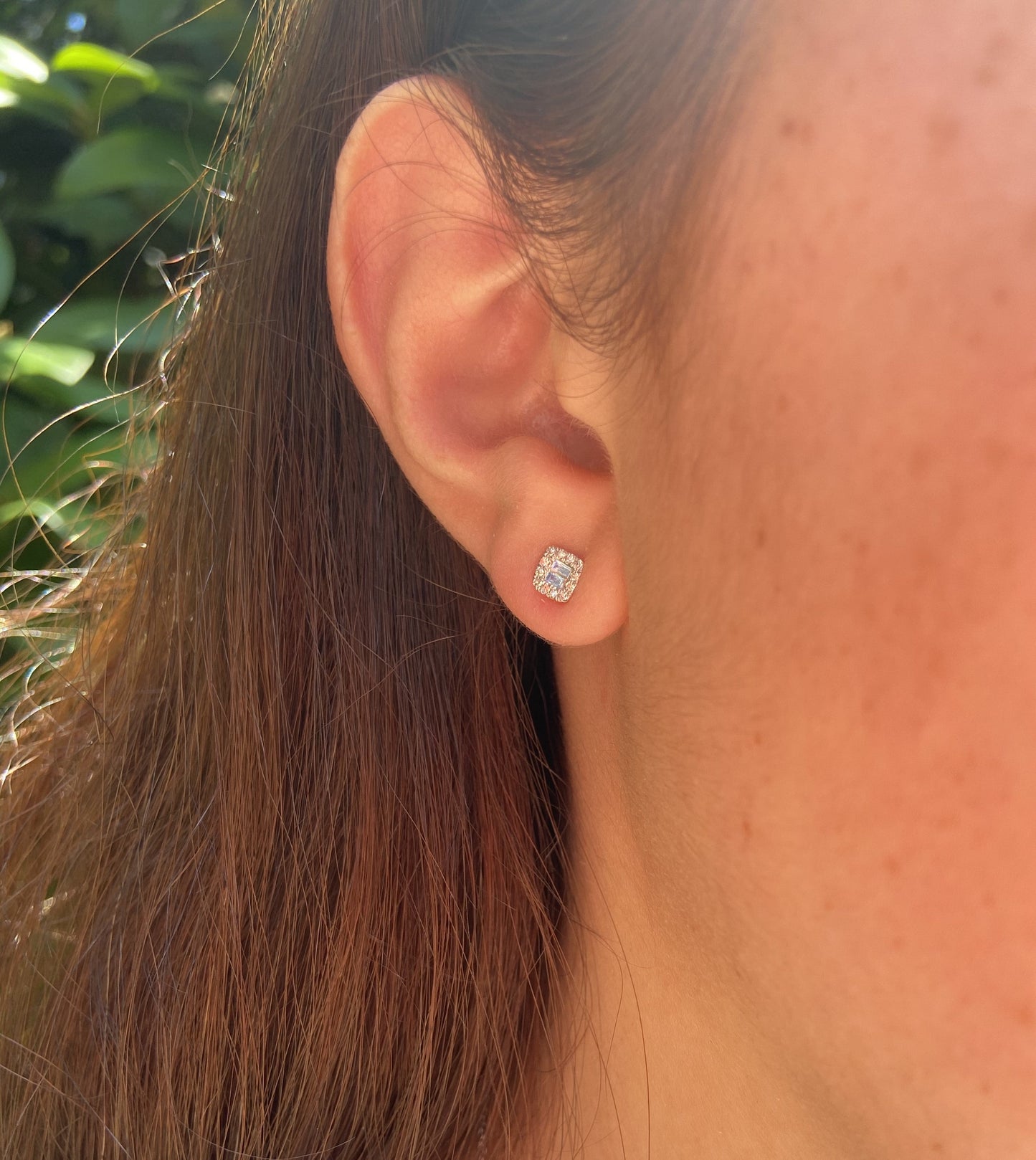 Diamond Baguette and Halo Square Stud Earring
