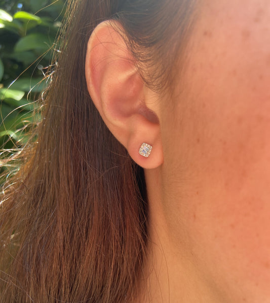 Diamond Baguette and Halo Square Stud Earring