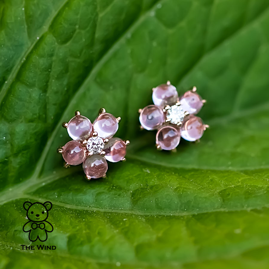 Plum Blossom Sakura Flower Pink Sapphire Diamond Stud Earrings 18k Rose Gold