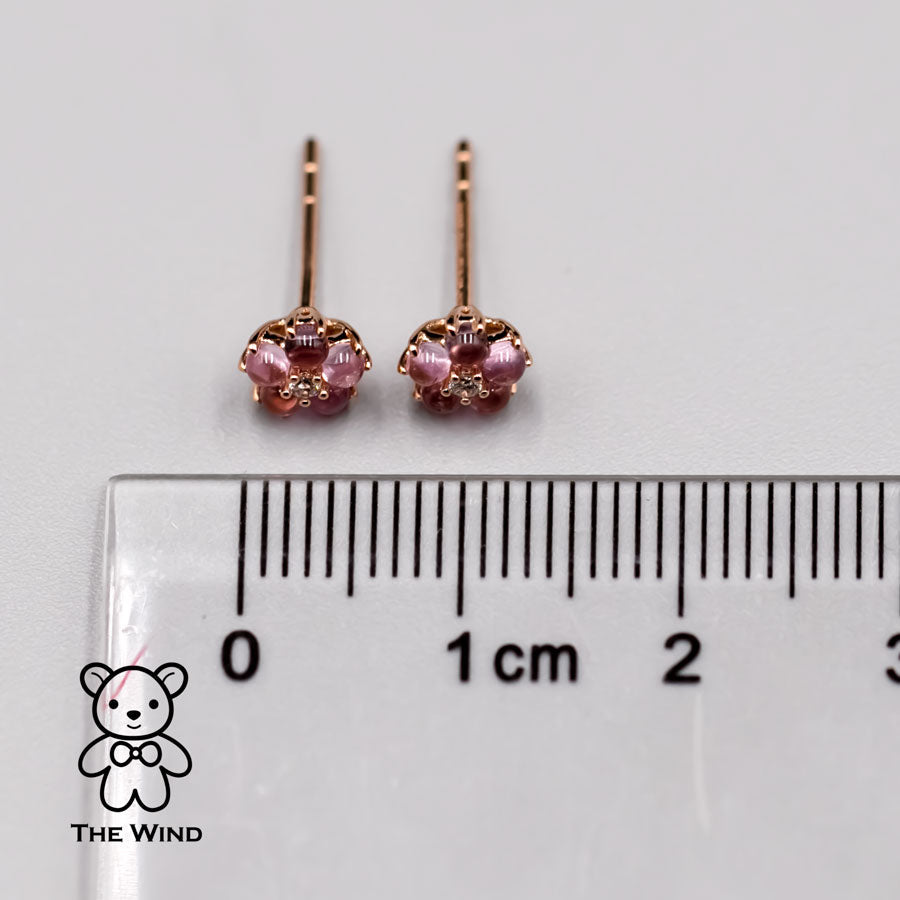 Plum Blossom Sakura Flower Pink Sapphire Diamond Stud Earrings 18k Rose Gold