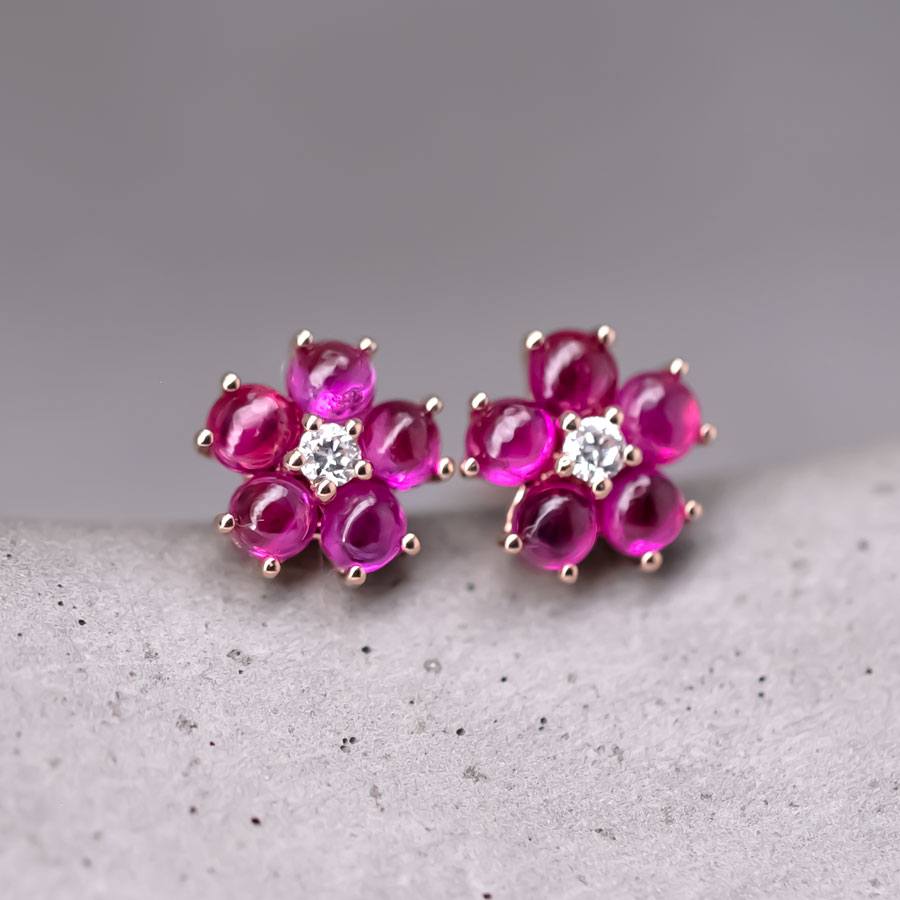 Plum Blossom Sakura Flower Ruby Diamond Stud Earrings 18k Rose Gold