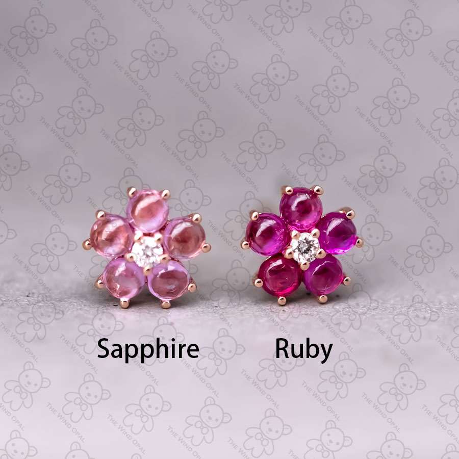 Plum Blossom Sakura Flower Ruby Diamond Stud Earrings 18k Rose Gold