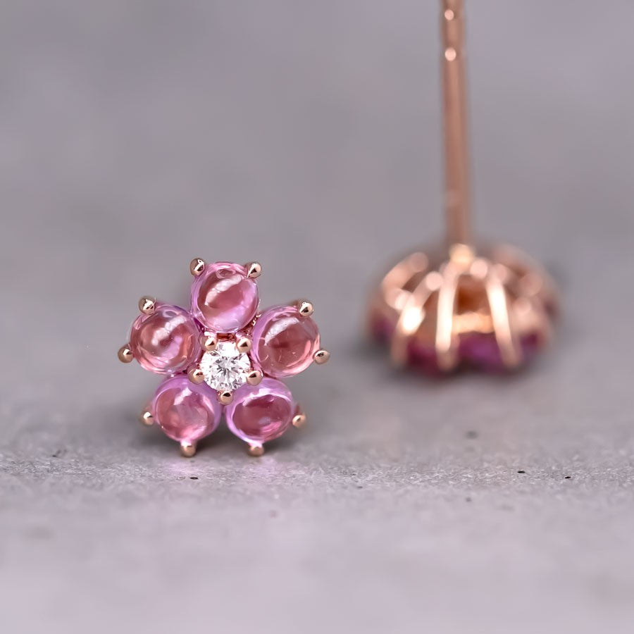 Plum Blossom Sakura Flower Ruby Diamond Stud Earrings 18k Rose Gold