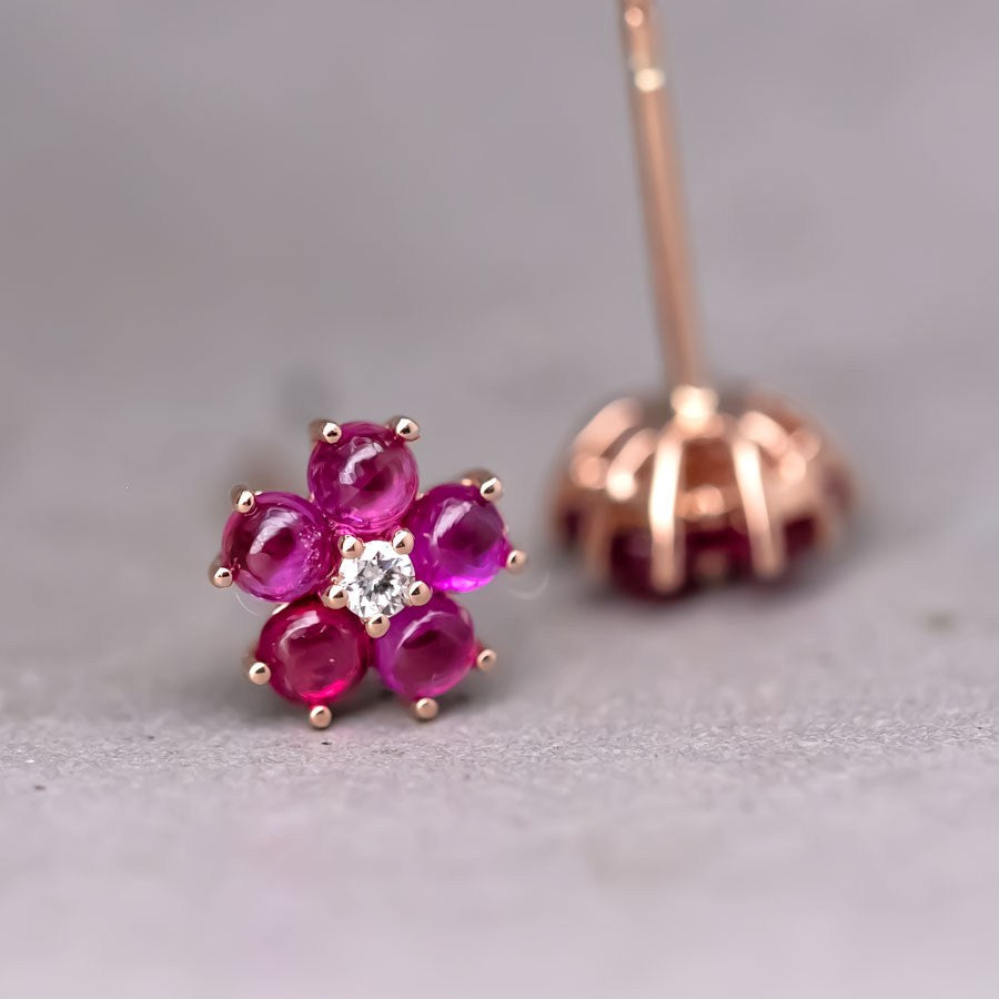 Plum Blossom Sakura Flower Ruby Diamond Stud Earrings 18k Rose Gold