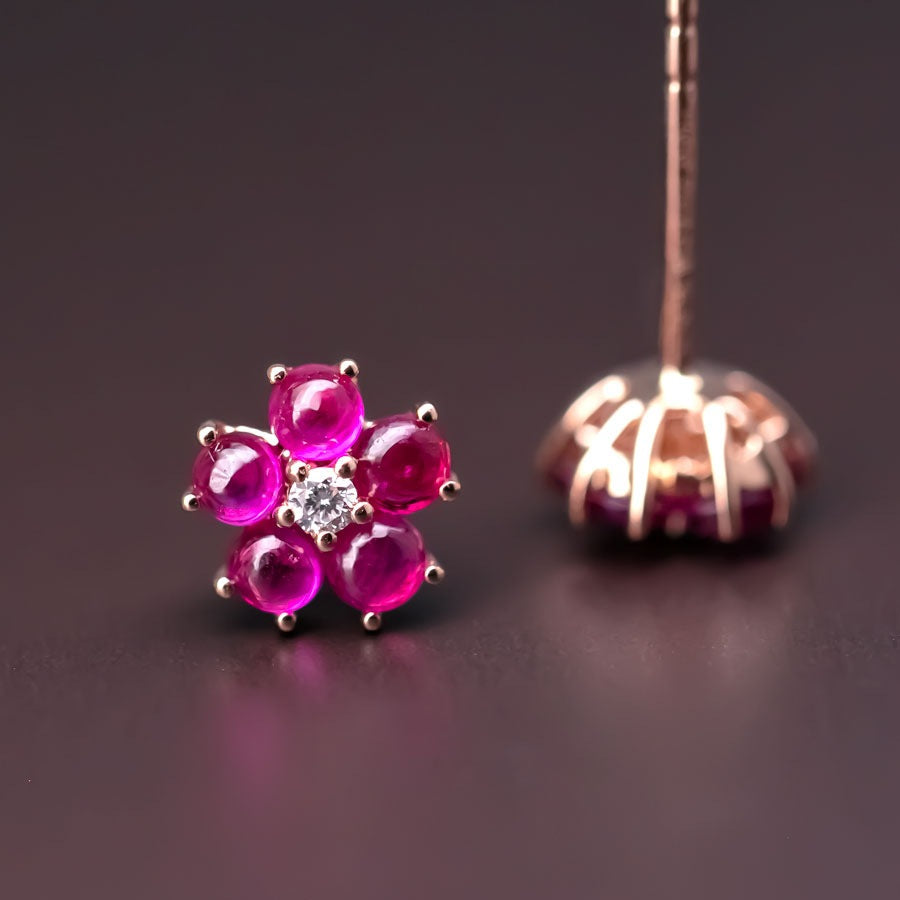 Plum Blossom Sakura Flower Ruby Diamond Stud Earrings 18k Rose Gold