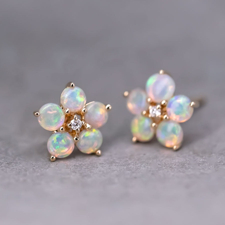 Plum Blossom Sakura Solid Opal Diamond Stud Earrings 14k Yellow Gold