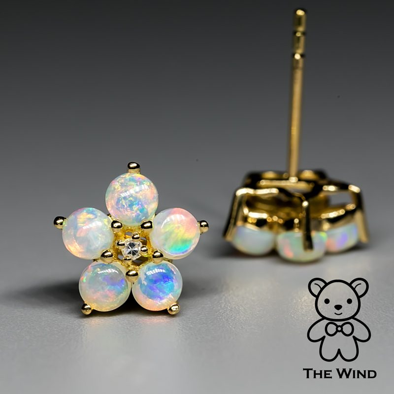 Plum Blossom Sakura Solid Opal Diamond Stud Earrings 14k Yellow Gold