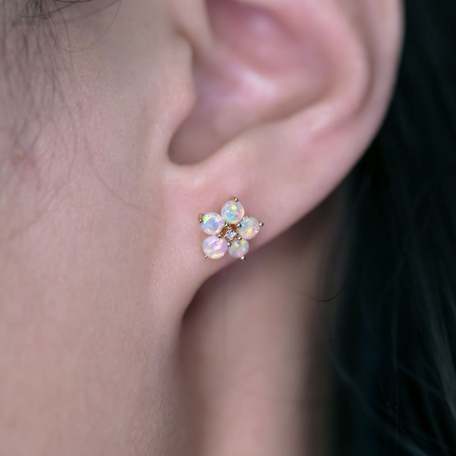 Plum Blossom Sakura Solid Opal Diamond Stud Earrings 14k Yellow Gold
