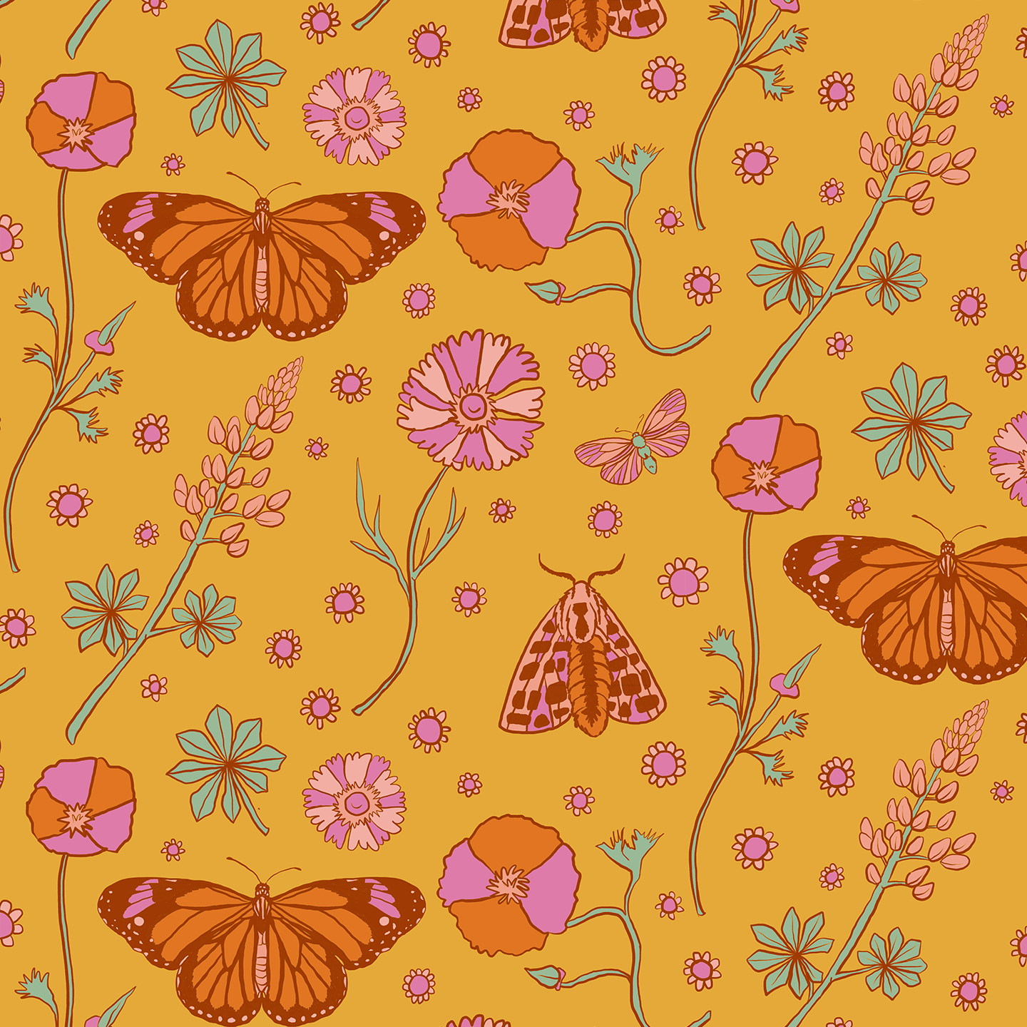 Poppy Please Wallpaper, mustard and pink
